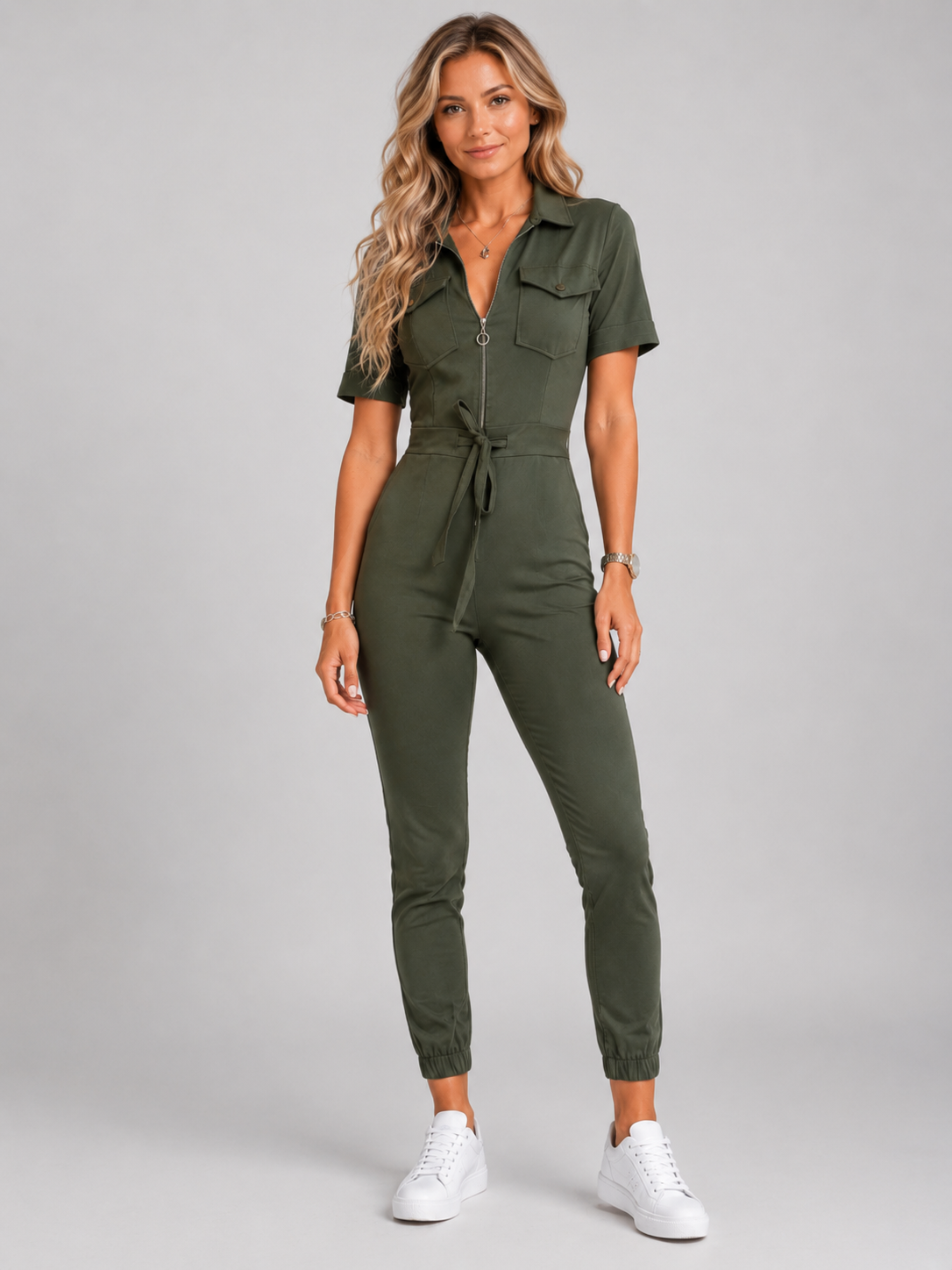 Women’s Short Sleeve Jumpsuit with Drawstring Waist