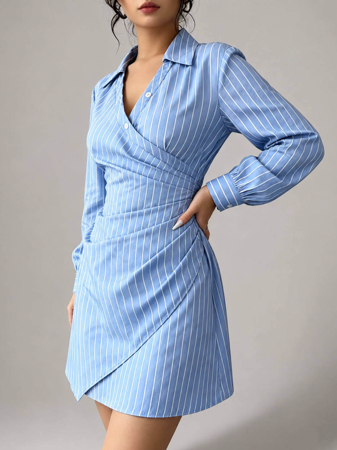 Women’s Striped Mini Wrap Dress with Asymmetrical Hem
