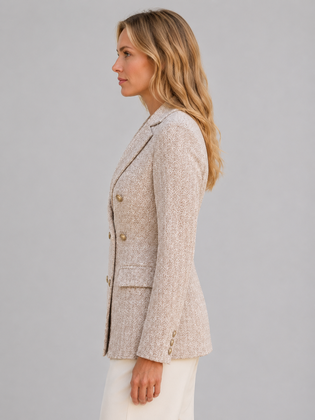 Women’s Textured Double-Breasted Blazer with Gold-Tone Buttons