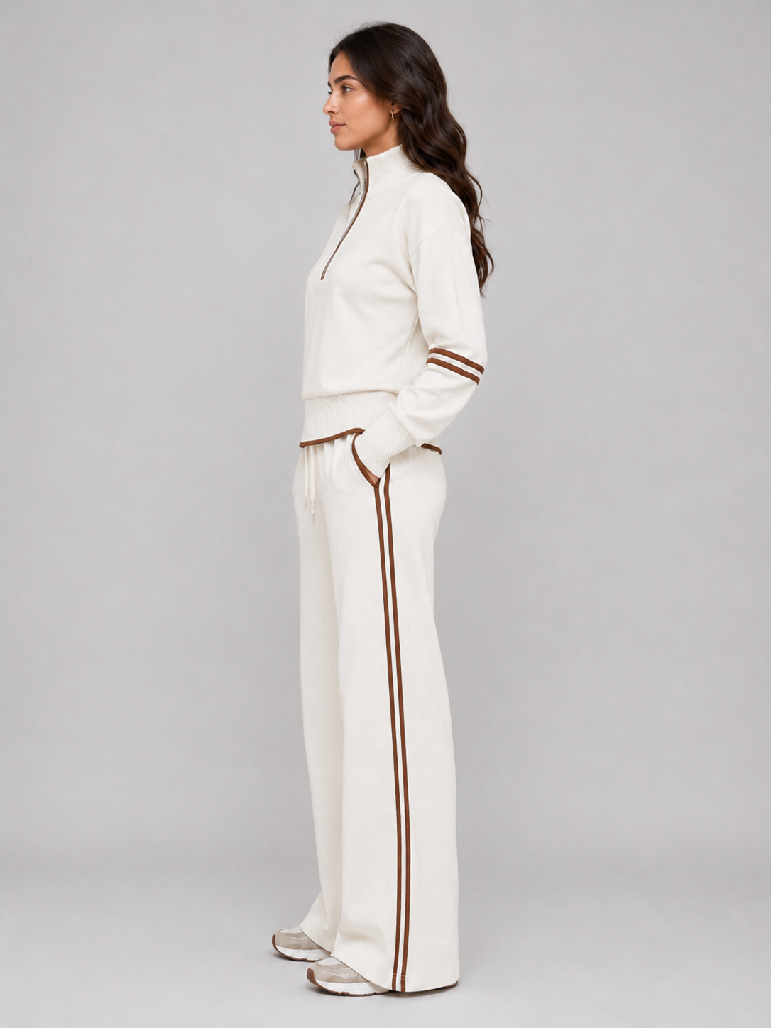 Women’s Two-Piece Lounge Set with Half Zip and Wide Leg Pants