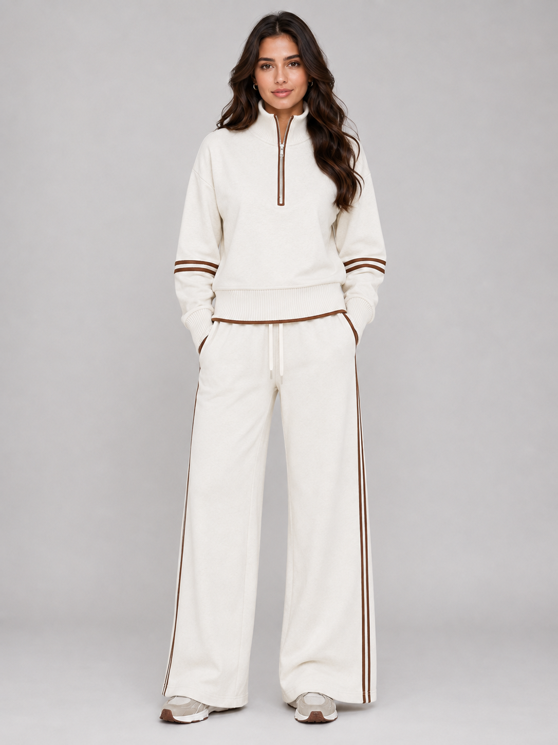 Women’s Two-Piece Lounge Set with Half Zip and Wide Leg Pants