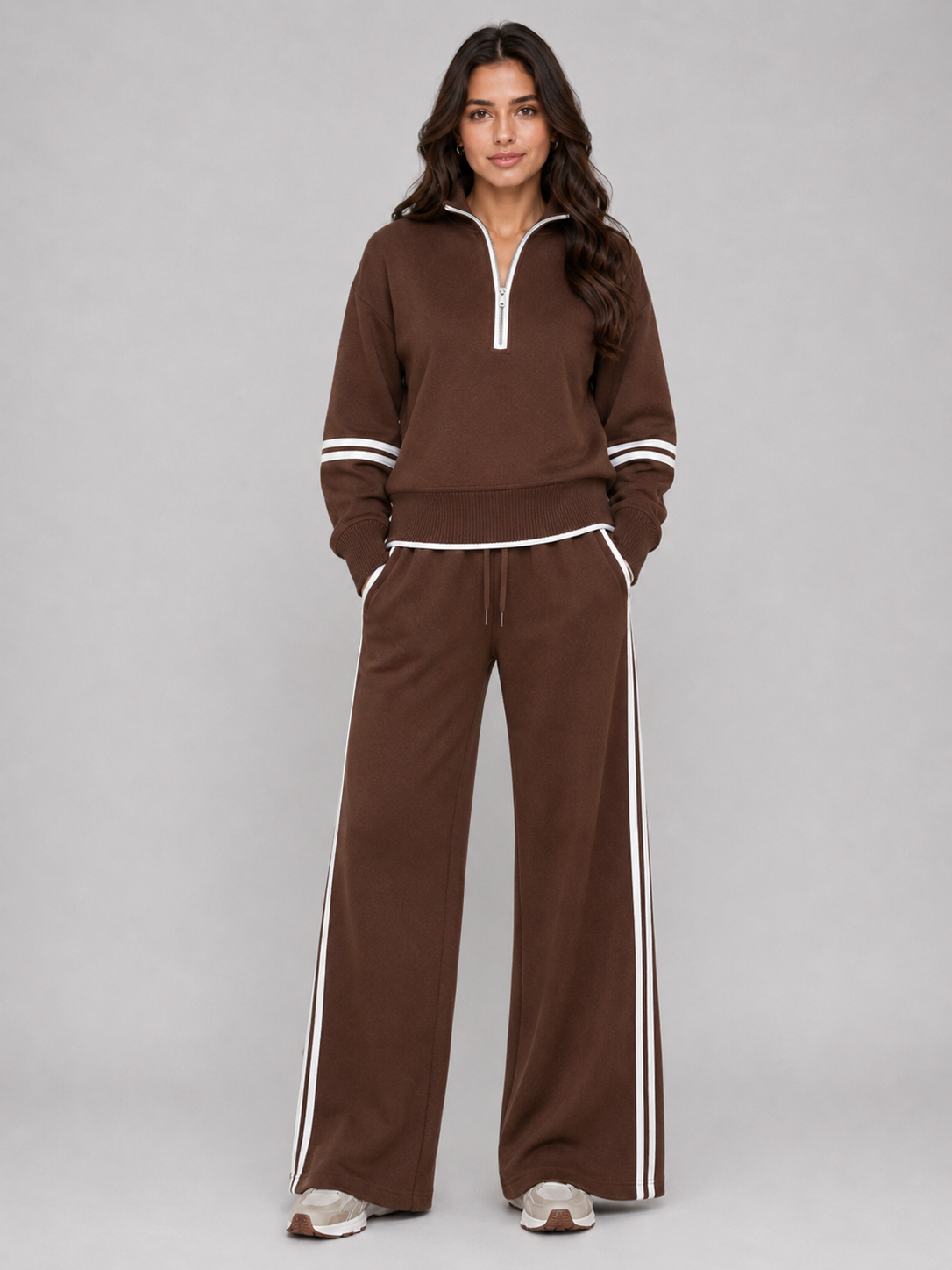 Women’s Two-Piece Lounge Set with Half Zip and Wide Leg Pants