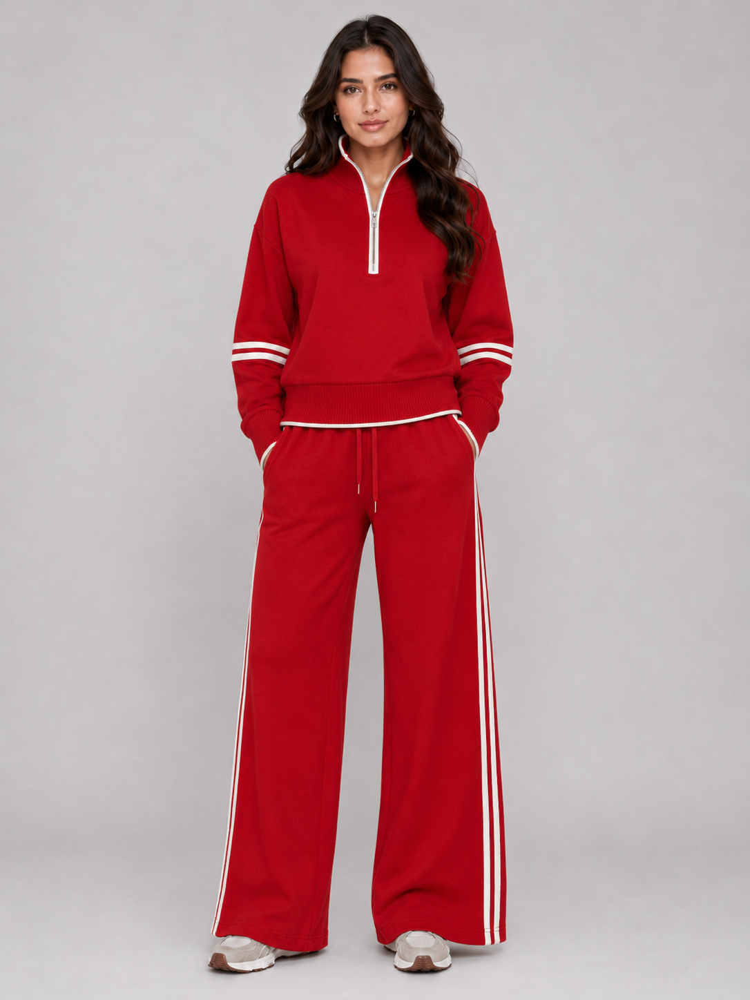 Women’s Two-Piece Lounge Set with Half Zip and Wide Leg Pants
