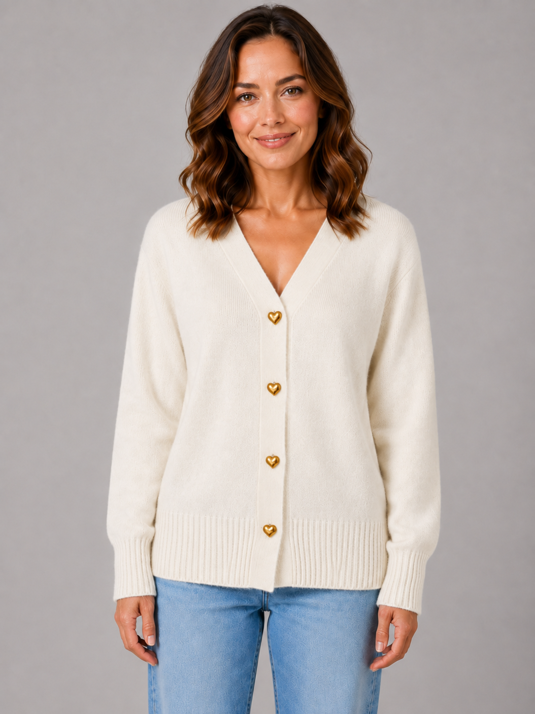 Women’s V-Neck Cardigan with Heart-Shaped Buttons