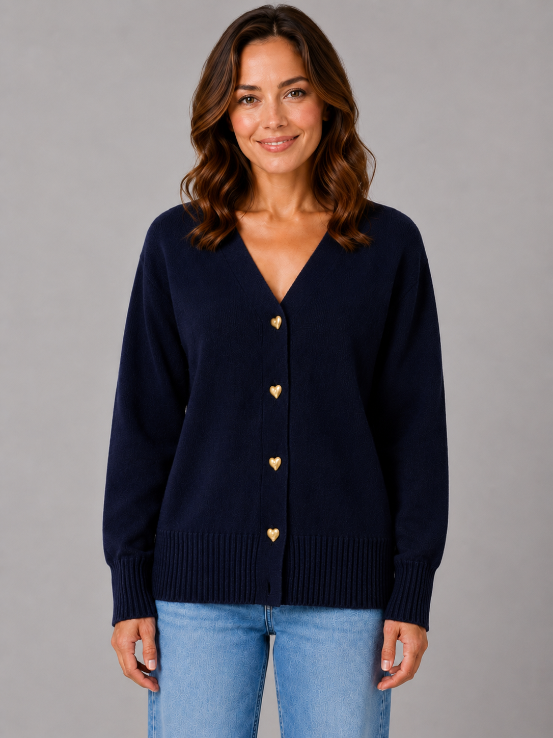 Women’s V-Neck Cardigan with Heart-Shaped Buttons