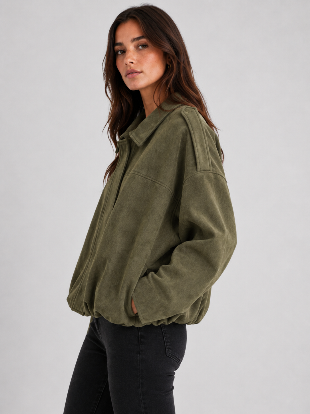 Women’s Zip-Front Bomber Jacket with Turn-Down Collar