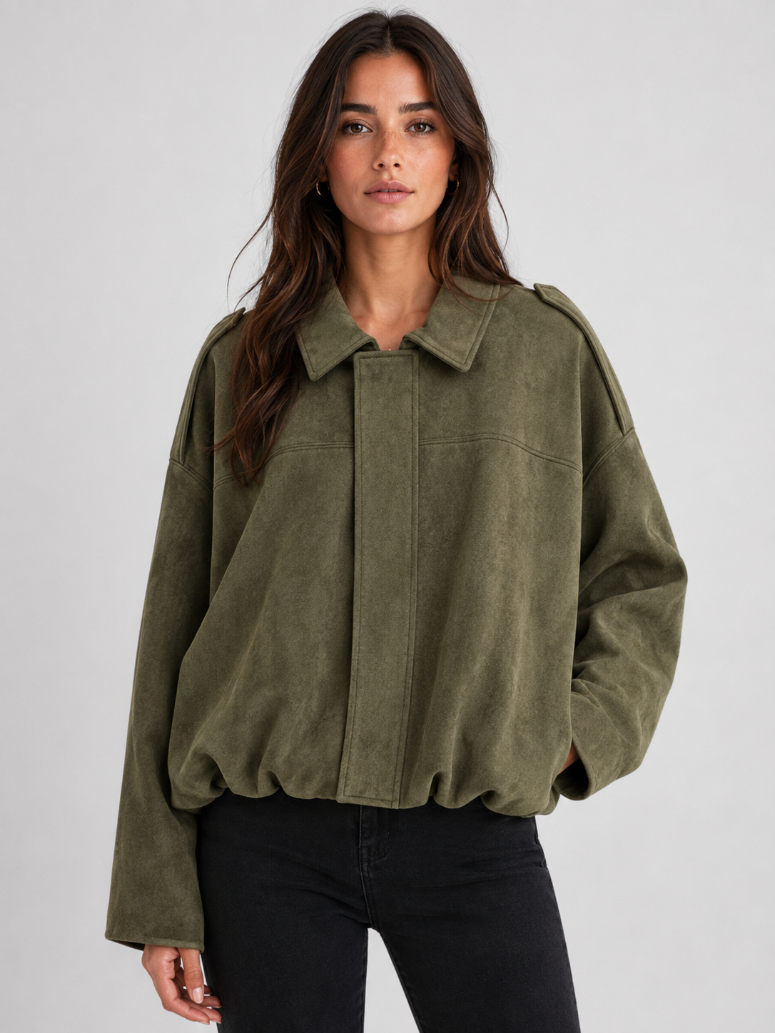 Women’s Zip-Front Bomber Jacket with Turn-Down Collar